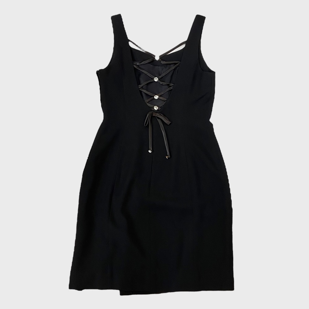 Vintage 90s Lillie Rubin Black Crystal Embellished Lace Up Back Dress Size 10
